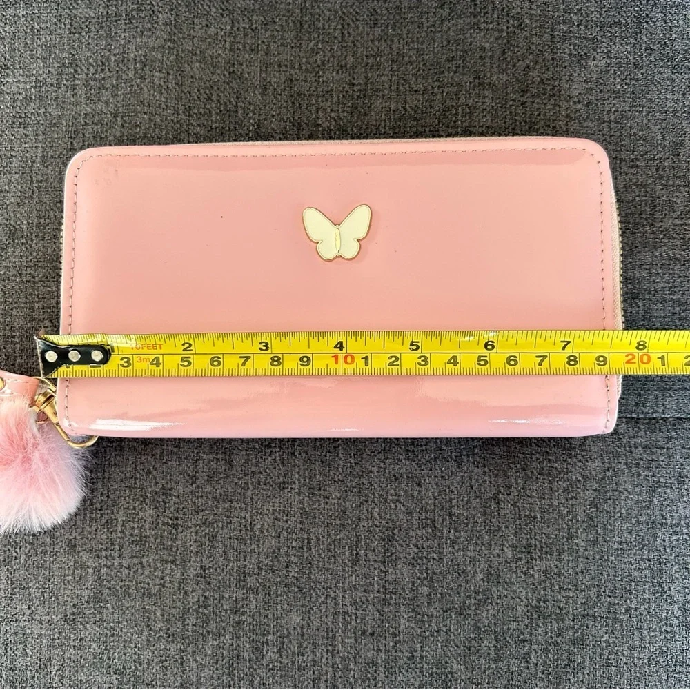 Pink Patent Butterfly Double Zip Around Wallet / Wristlet with Pom Pom Charm